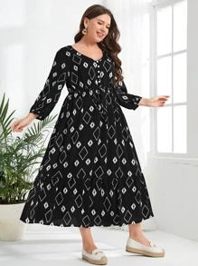 EMERY ROSE Plus Geo Print Lantern Sleeve Ruffle Hem Dress - Black and White - View 4