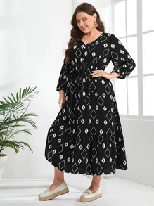 EMERY ROSE Plus Geo Print Lantern Sleeve Ruffle Hem Dress - Black and White - View 5
