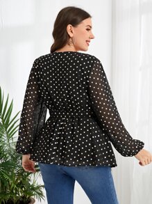 EMERY ROSE Plus Polka Dot Print Lantern Sleeve Belted Peplum Blouse - Black - View 2