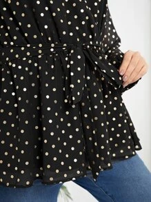 EMERY ROSE Plus Polka Dot Print Lantern Sleeve Belted Peplum Blouse - Black - View 3