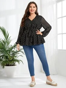 EMERY ROSE Plus Polka Dot Print Lantern Sleeve Belted Peplum Blouse - Black - View 4
