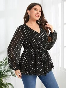 EMERY ROSE Plus Polka Dot Print Lantern Sleeve Belted Peplum Blouse - Black - View 5