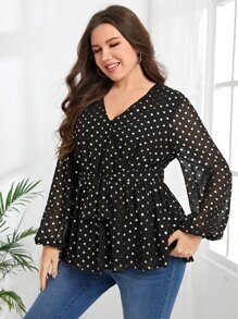 EMERY ROSE Plus Polka Dot Print Lantern Sleeve Belted Peplum Blouse - Black - View 6