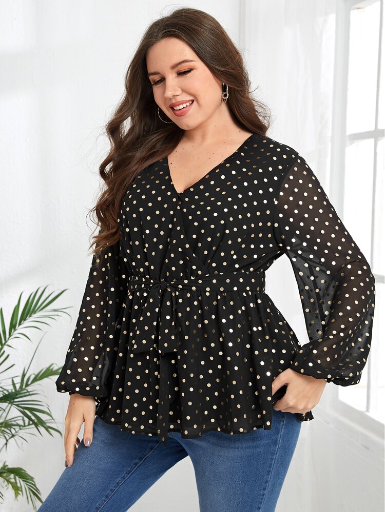 EMERY ROSE Plus Polka Dot Print Lantern Sleeve Belted Peplum Blouse - Black - View 6