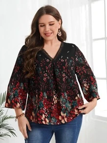 EMERY ROSE Plus Floral Print V Neck Blouse - Multicolor - View 5