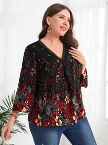 EMERY ROSE Plus Floral Print V Neck Blouse - Multicolor - View 1