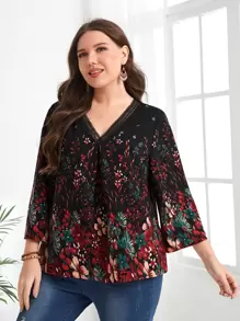 EMERY ROSE Plus Floral Print V Neck Blouse - Multicolor - View 3