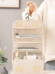 1pc Foldable Toiletry Travel Bag,  Portable  Large Wash Bag For Travel - Beige - View 2