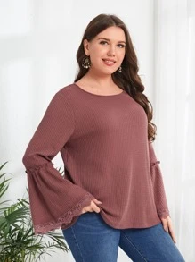 EMERY ROSE Camiseta ribete con encaje de manga con volante tejido waffle - Color caoba - Ver 4