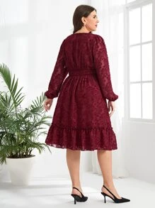 EMERY ROSE Plus Lantern Sleeve Ruffle Hem Fuzzy Chiffon Dress - Burgundy - View 2