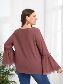 EMERY ROSE Camiseta ribete con encaje de manga con volante tejido waffle - Color caoba - Ver 2