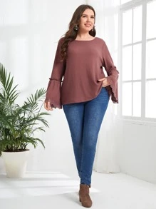 EMERY ROSE Camiseta ribete con encaje de manga con volante tejido waffle - Color caoba - Ver 3