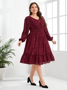 EMERY ROSE Plus Lantern Sleeve Ruffle Hem Fuzzy Chiffon Dress - Burgundy - View 4