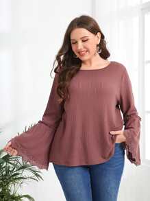 EMERY ROSE Camiseta ribete con encaje de manga con volante tejido waffle - Color caoba - Ver 1