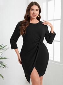 EMERY ROSE Plus Twist Front Wrap Hem Dress - Black - View 3