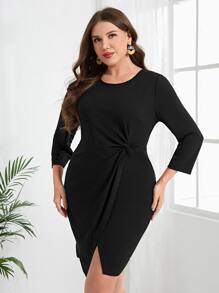 EMERY ROSE Plus Twist Front Wrap Hem Dress - Black - View 4