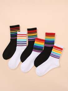 6pairs Rainbow Striped Crew Socks - Multicolor - View 1