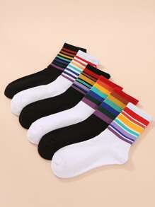6pairs Rainbow Striped Crew Socks - Multicolor - View 2