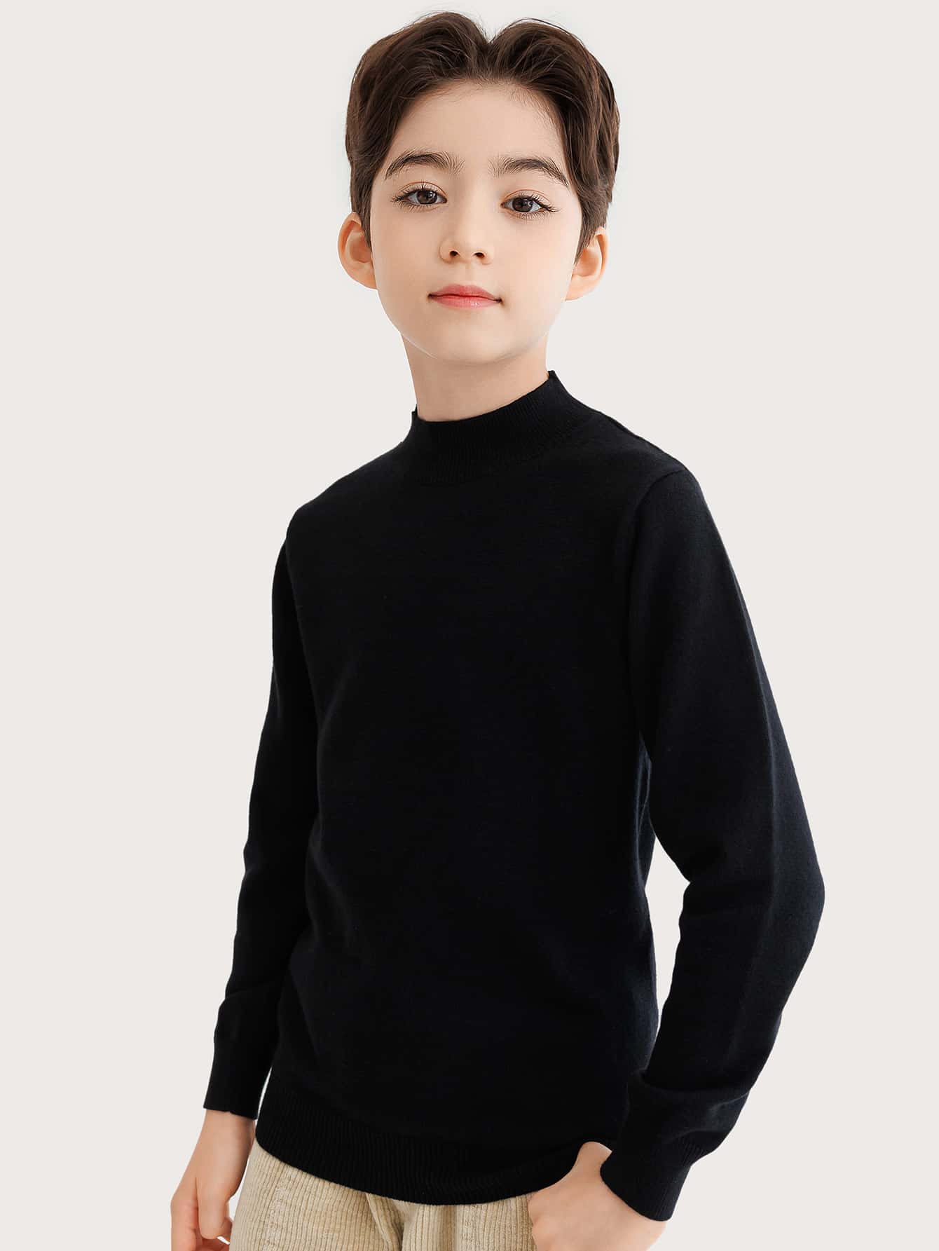 Chicos 1 pieza Jersey tejido de canalé de cuello alto - Negro - Ver 1