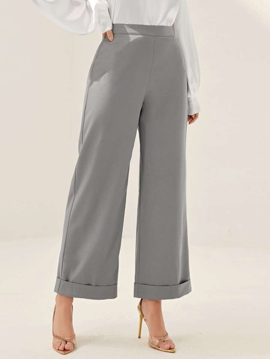 Modelyn Solid Roll Up Hem Pants - Grey - View 1