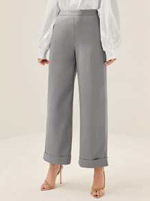 Modelyn Solid Roll Up Hem Pants - Grey - View 4