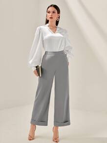 Modelyn Solid Roll Up Hem Pants - Grey - View 5