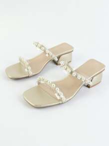 Faux Pearl Decor Chunky Heeled Mule Sandals - Gold - View 2