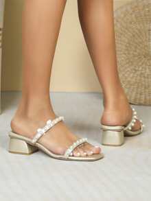 Faux Pearl Decor Chunky Heeled Mule Sandals - Gold - View 3