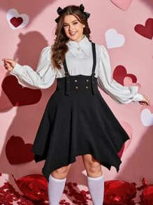 SHEIN EZwear Plus Size Button Detail Asymmetrical Hem Suspender Dress Without Blouse - Black - View 4