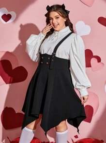 SHEIN EZwear Plus Size Button Detail Asymmetrical Hem Suspender Dress Without Blouse - Black - View 3