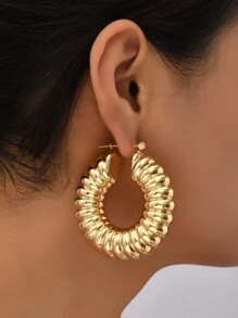 Textured Hoop Earrings - Yellow Gold - View 1