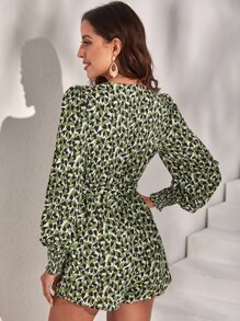 SHEIN Frenchy Allover Heart Print Shirred Cuff Lantern Sleeve Romper - Multicolor - View 2