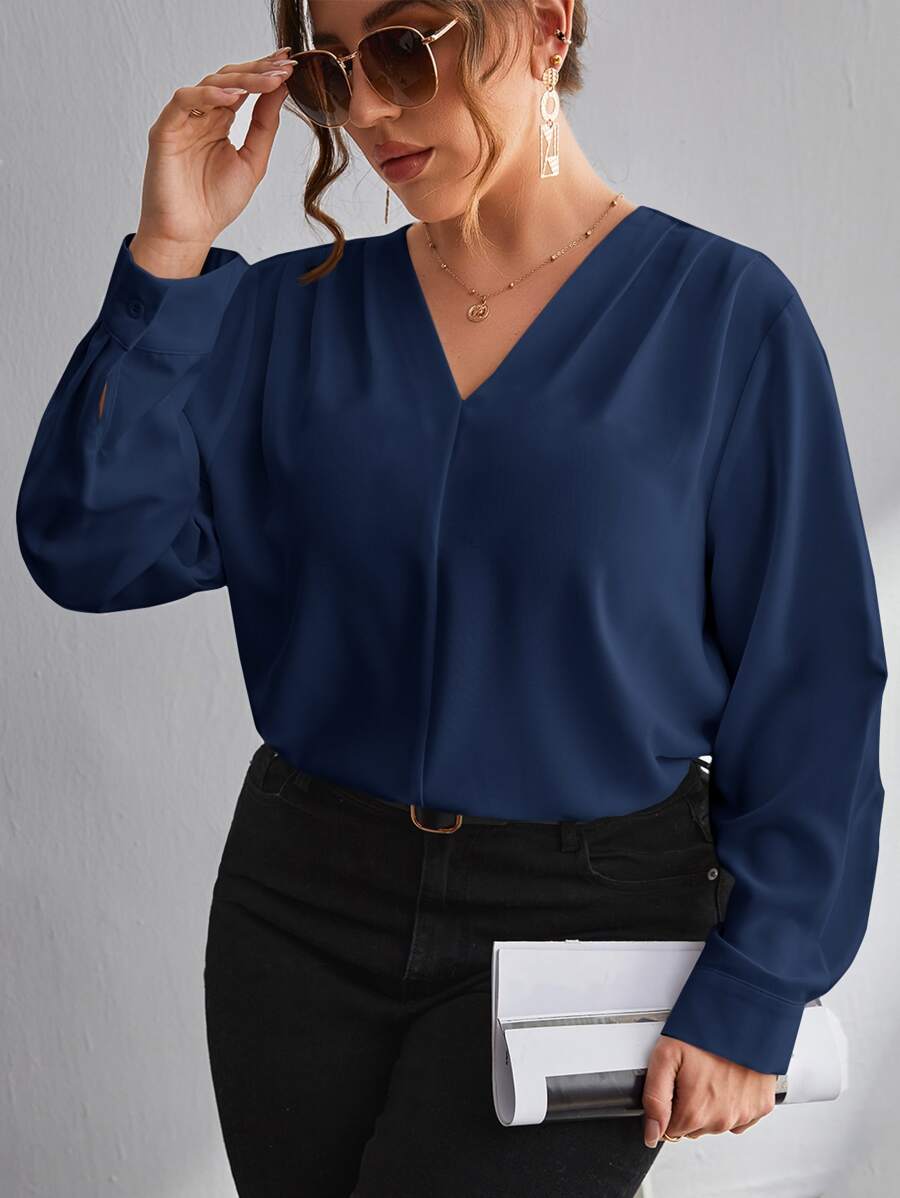 SHEIN LUNE Plus Solid V Neck Blouse - Navy Blue - View 1