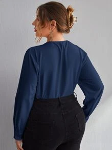 SHEIN LUNE Plus Solid V Neck Blouse - Navy Blue - View 2