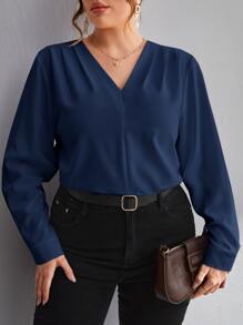 SHEIN LUNE Plus Solid V Neck Blouse - Navy Blue - View 3