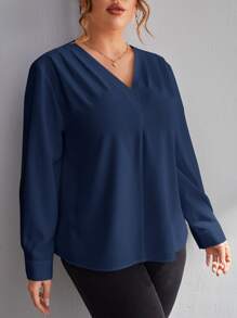 SHEIN LUNE Plus Solid V Neck Blouse - Navy Blue - View 4