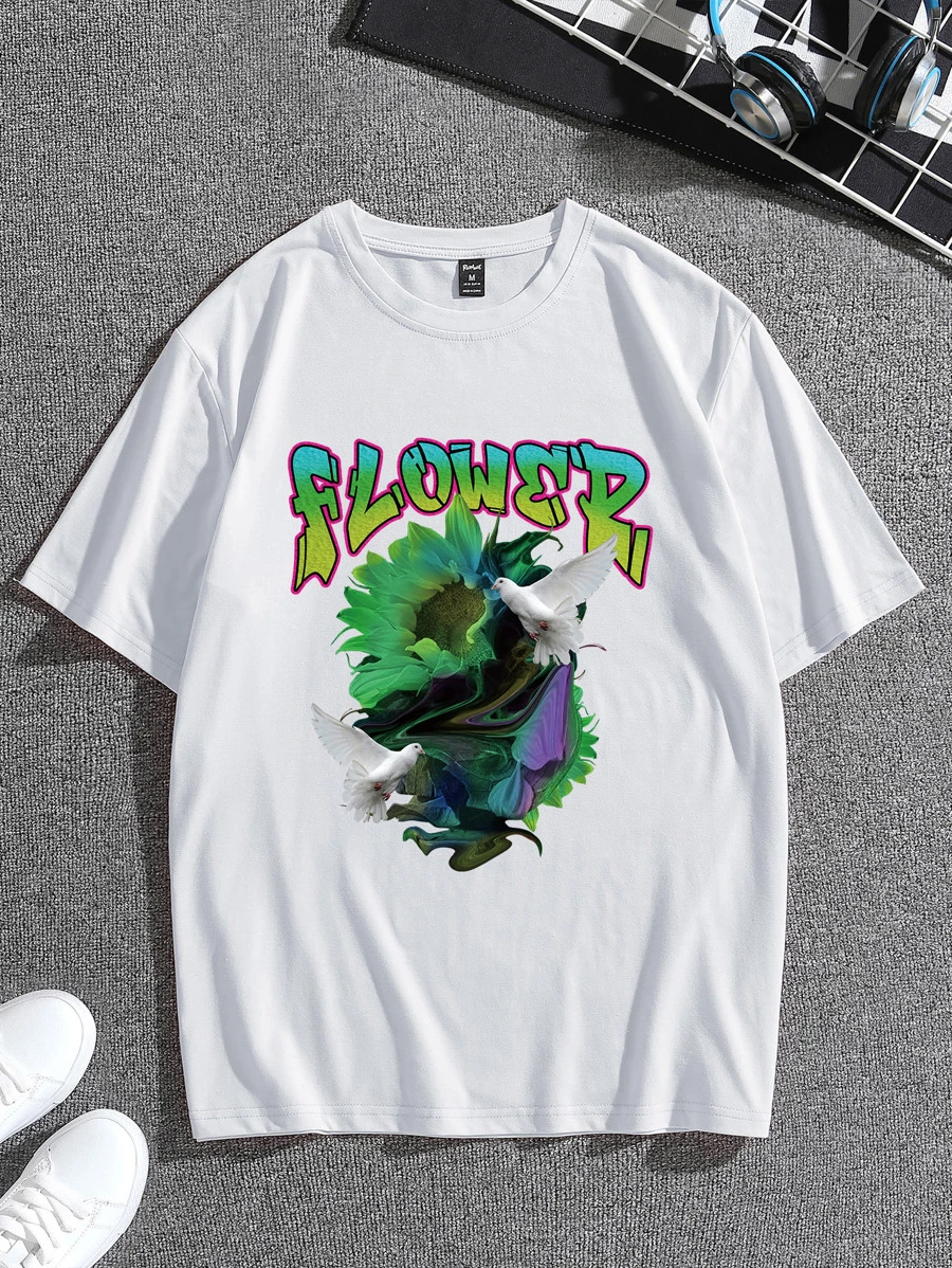 ROMWE MEN Guys Letter Pigeon Graphic Tee - White - View 1