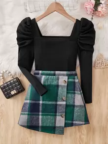 SHEIN Girls Gigot Sleeve Top & Plaid Print Asymmetrical Hem Skirt - Multicolor - View 1