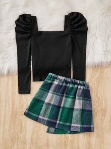 SHEIN Girls Gigot Sleeve Top & Plaid Print Asymmetrical Hem Skirt - Multicolor - View 2