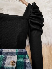 SHEIN Girls Gigot Sleeve Top & Plaid Print Asymmetrical Hem Skirt - Multicolor - View 3