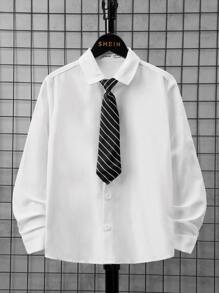SHEIN 青少年男孩学院风休闲长袖纯色前排纽扣衬衫（带抽绳） - 白色 - 查看 1