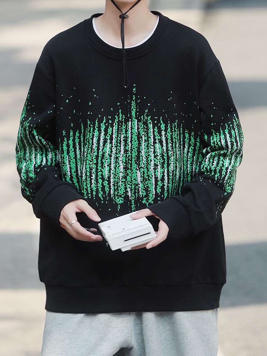 Hombres Sudadera con estampado de dibujo de hombros caídos - Negro - Ver 1