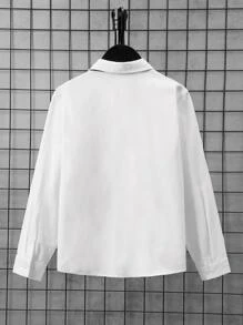 SHEIN 青少年男孩学院风休闲长袖纯色前排纽扣衬衫（带抽绳） - 白色 - 查看 2
