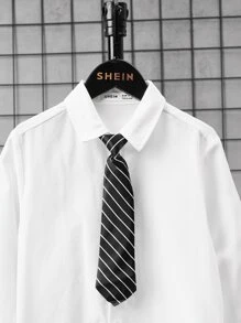 SHEIN 青少年男孩学院风休闲长袖纯色前排纽扣衬衫（带抽绳） - 白色 - 查看 4