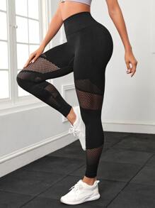 Yoga Basic 瑜伽褲襪收復漁網拼接收復競技緊身打底褲 - 黑色 - 查看 2