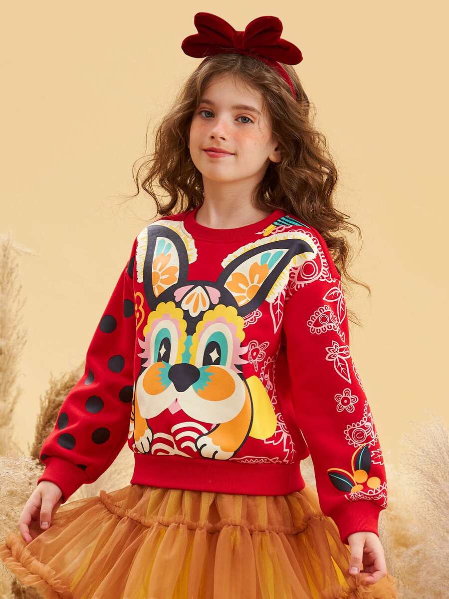 Chicas Sudadera con estampado de dibujos animados de hombros caídos - Multicolor - Ver 1