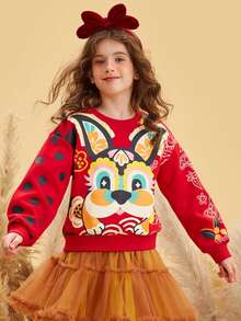 Chicas Sudadera con estampado de dibujos animados de hombros caídos - Multicolor - Ver 4