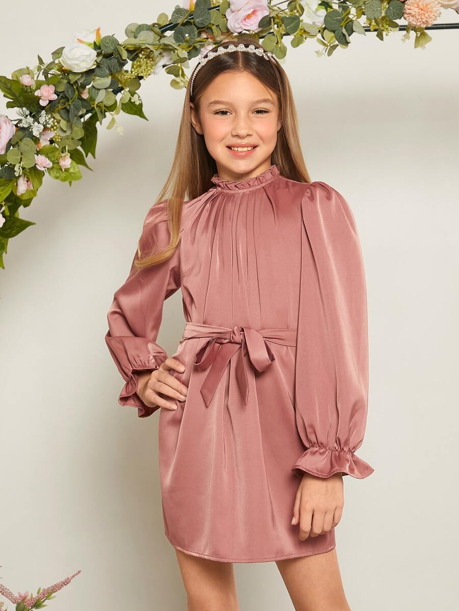 SHEIN 女童长袖纯色立领连衣裙 - 藕粉色 - 查看 1