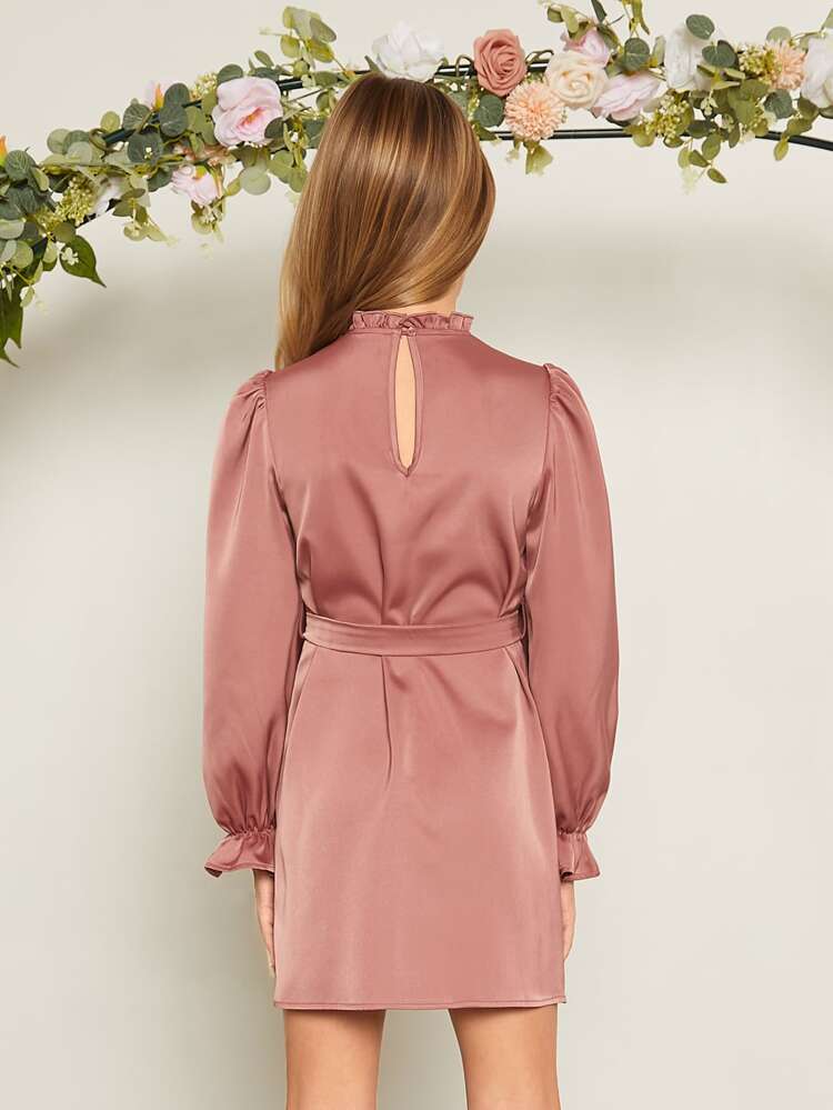 Girls' Long Sleeve Solid Color Dress With Stand Collar