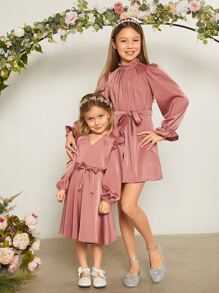 SHEIN 女童长袖纯色立领连衣裙 - 藕粉色 - 查看 3